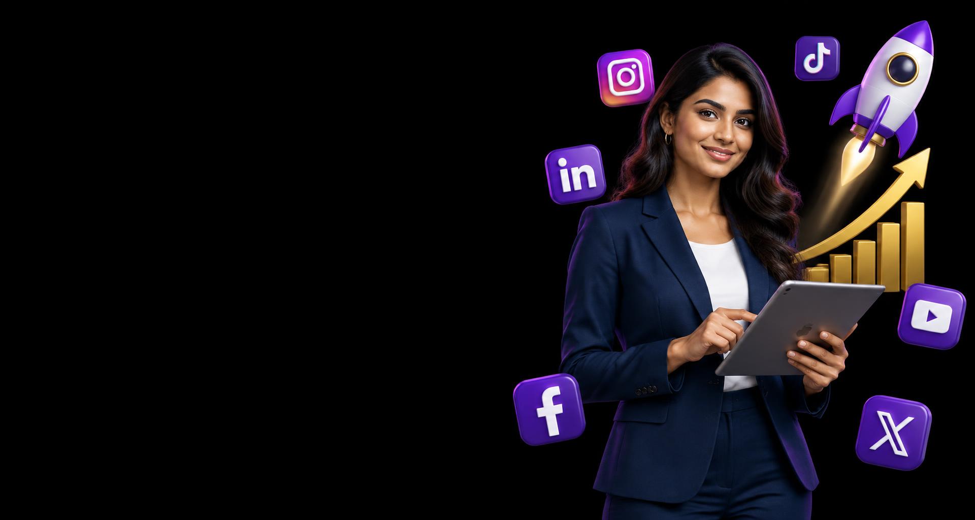 Social media marketing professional with a tablet, growth chart and rocket